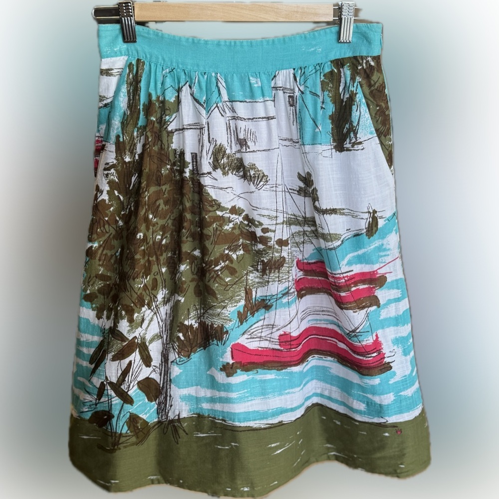 Anthropologie Seabound Scenic Boat Print A-Line Skirt By We Heart Vera - size 4 - Picture 2 of 3